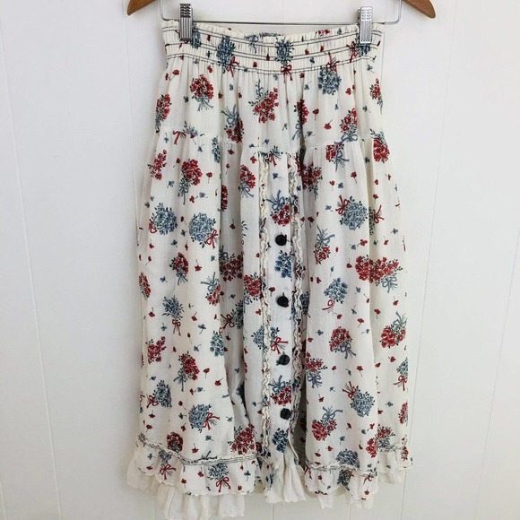 Unbranded Dresses & Skirts - Vintage Pink Blue Floral Peasant High Waist Skirt Size XS Elastic Waist
